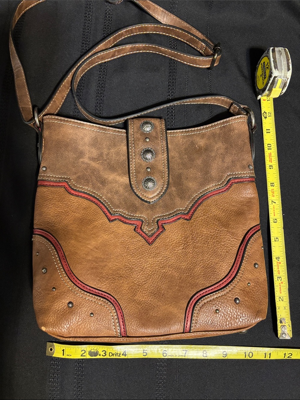 Justin Brown Leather Conceal Carry Crossbody Bag with Red Accents 11X11 inches